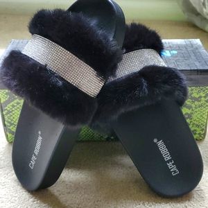 NWOT original packaging/box black faux fur slides with bling rhinestone